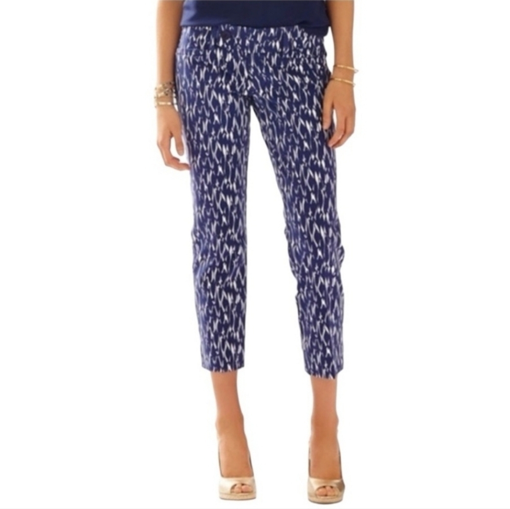 Lilly Pulitzer Fish School Cropped Capri Slim Pants Size 2 Navy White 95578 EUC